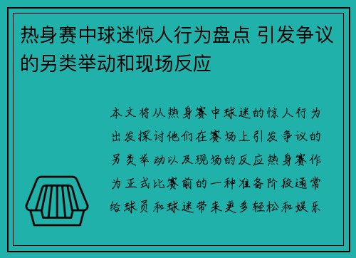 热身赛中球迷惊人行为盘点 引发争议的另类举动和现场反应